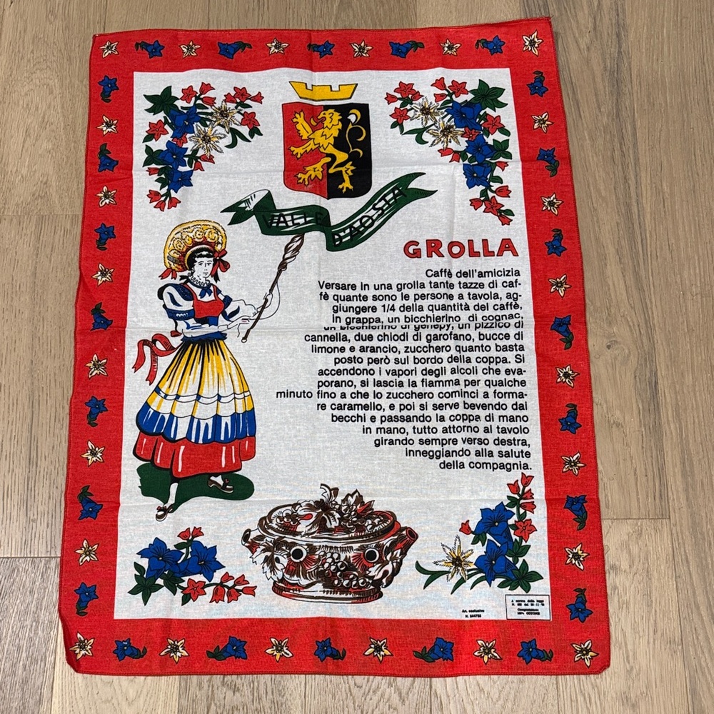 Vintage Italian Linen Kitchen Towel in Red and White